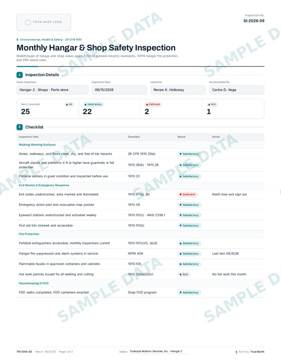 Monthly Hangar & Shop Safety Inspection sample