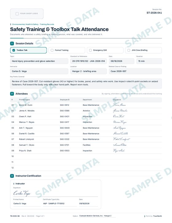 Safety Training Attendance sample