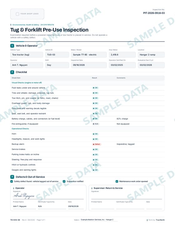 Tug & Forklift Pre Use Inspection sample