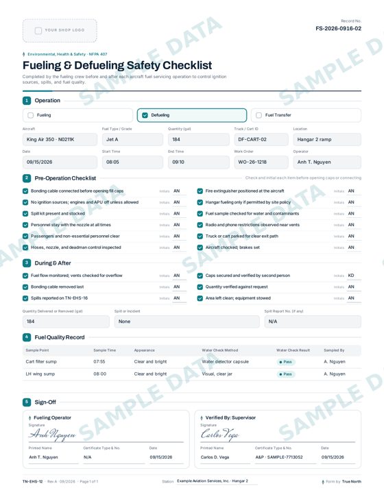 Fueling & Defueling Safety Checklist sample