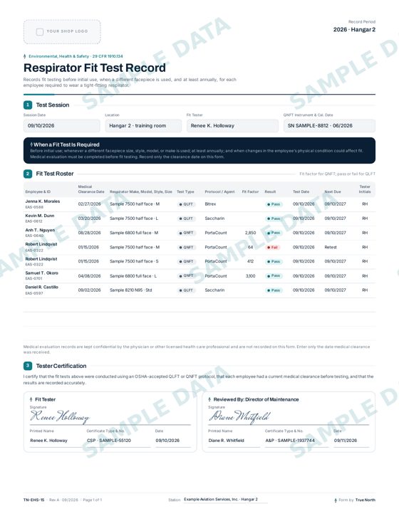 Respirator Fit Test Record sample
