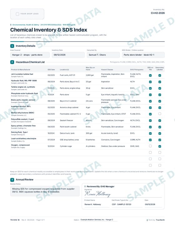 Chemical Inventory & SDS Index sample