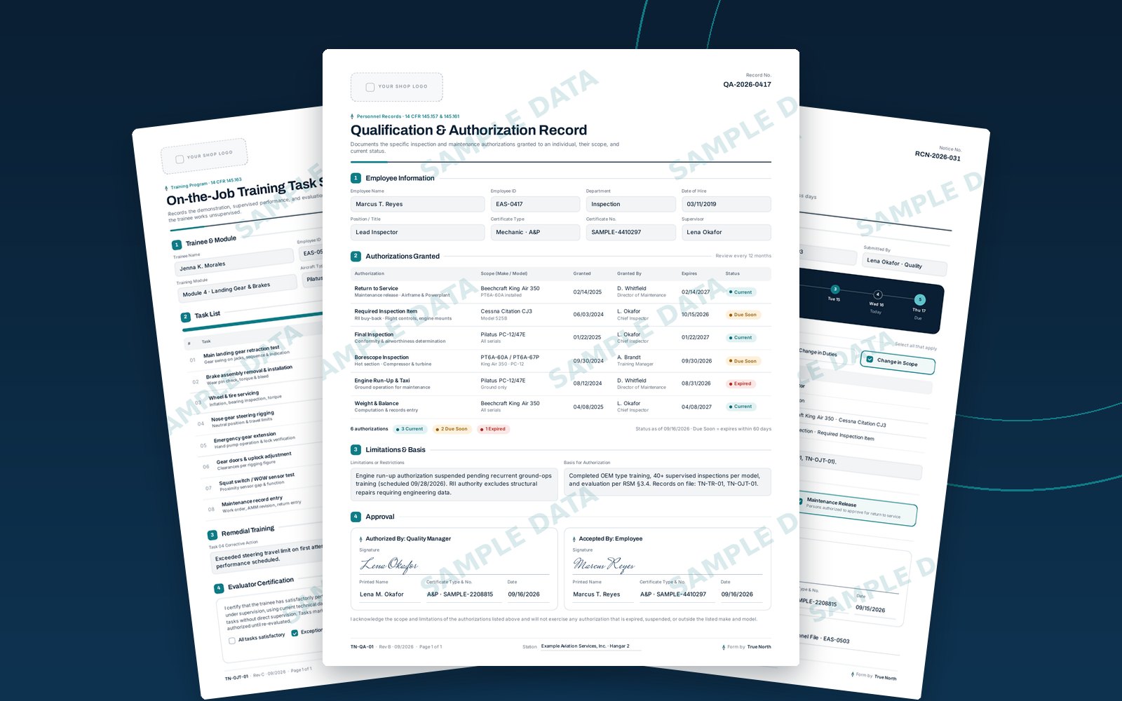 Qualification record, OJT sign off, and roster change notice forms filled with sample data