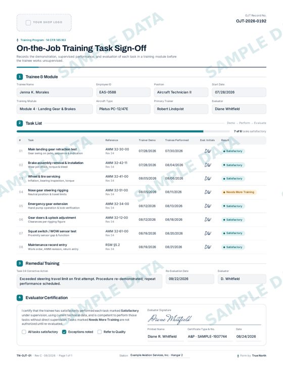 On the Job Training Task Sign Off sample