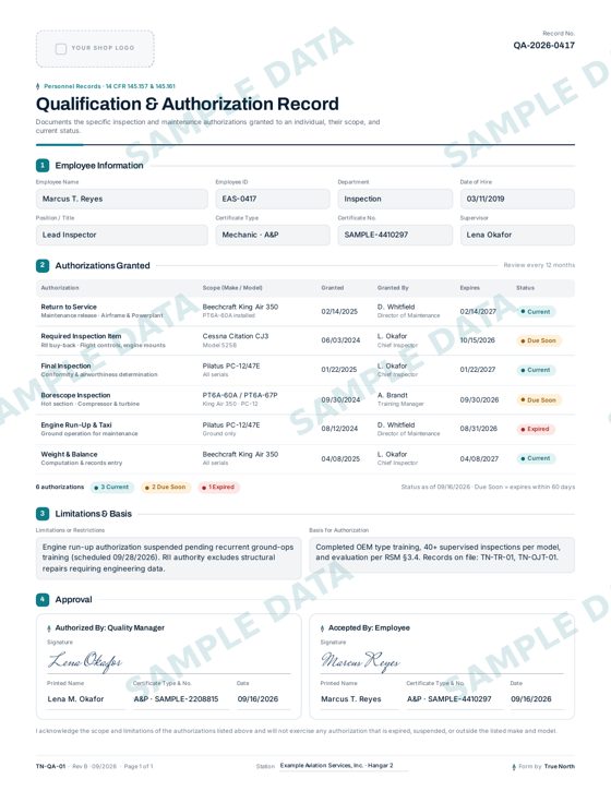 Qualification & Authorization Record sample