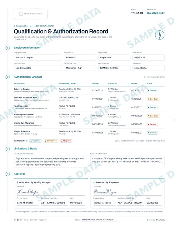 Qualification Record, white style sample