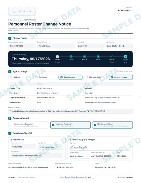 Personnel Roster Change Notice sample
