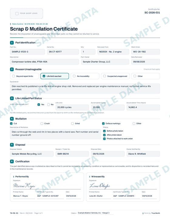 Scrap & Mutilation Certificate sample