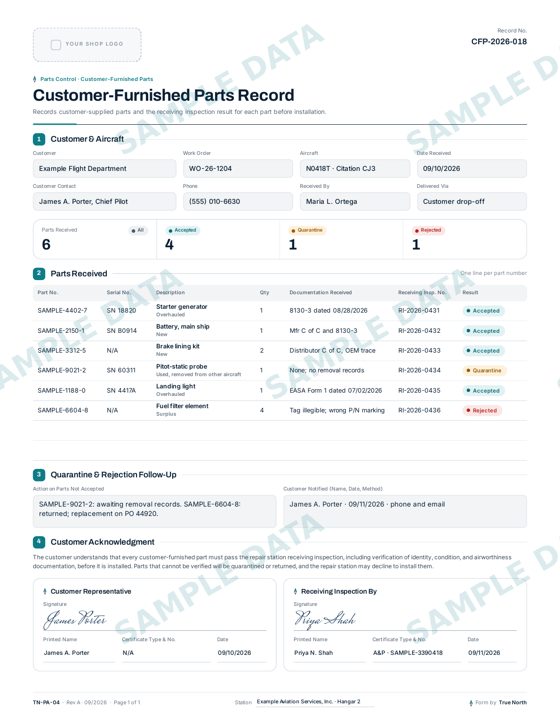 Customer Furnished Parts Record sample