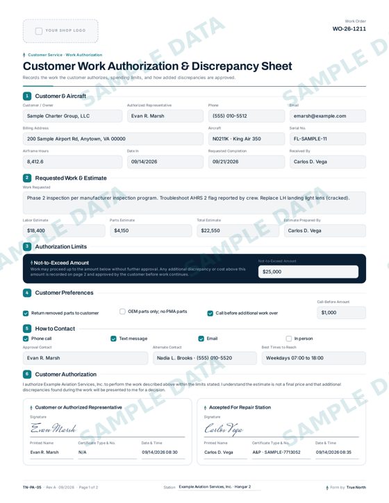 Work Authorization & Discrepancy Sheet sample