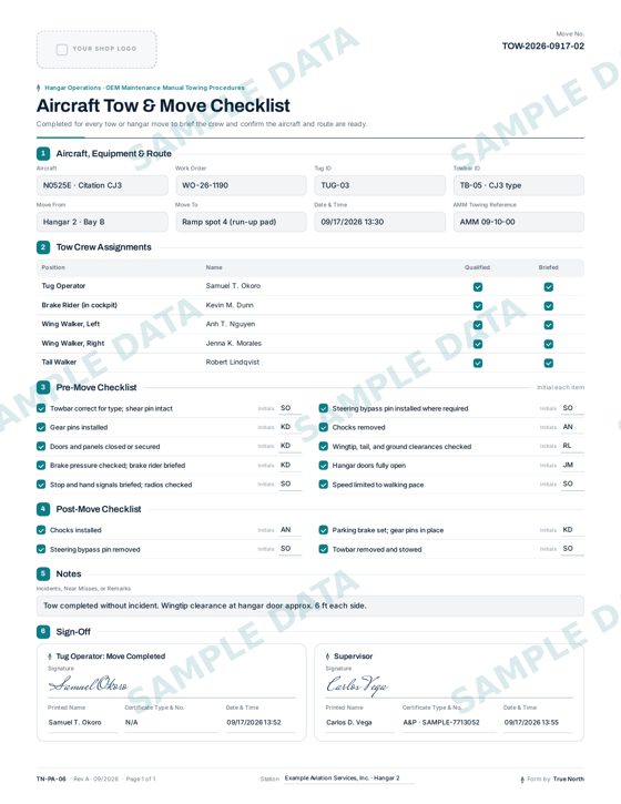 Aircraft Tow & Move Checklist sample