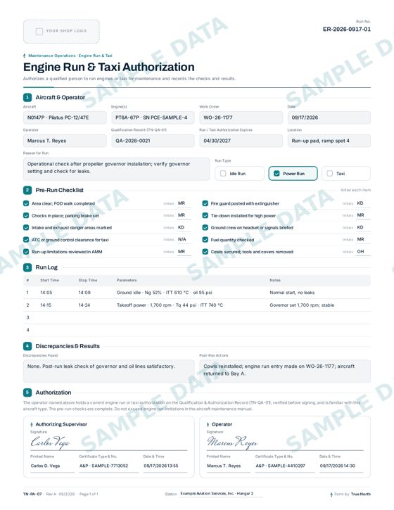 Engine Run & Taxi Authorization sample