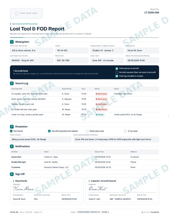 Lost Tool & FOD Report sample