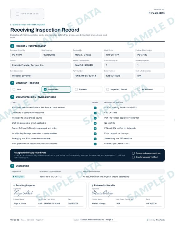 Receiving Inspection Record sample