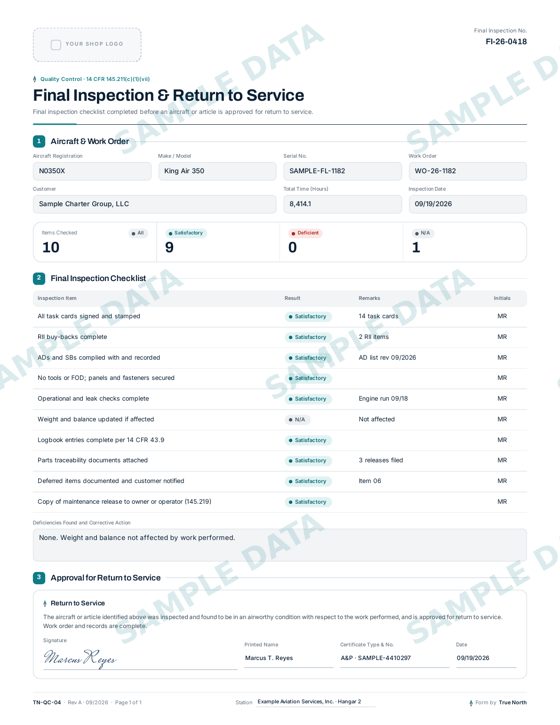 Final Inspection & Return to Service sample