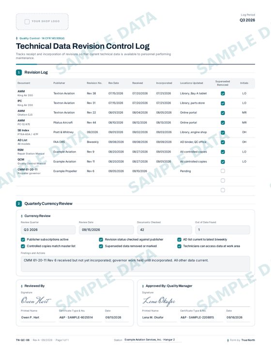 Technical Data Revision Control Log sample
