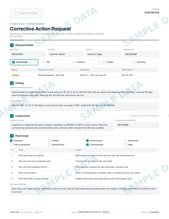 Corrective Action Request sample