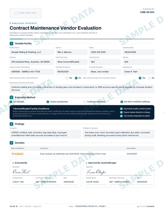 Contract Maintenance Vendor Evaluation sample