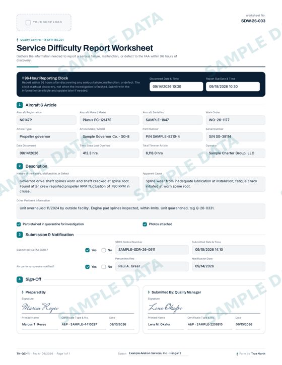 Service Difficulty Worksheet sample