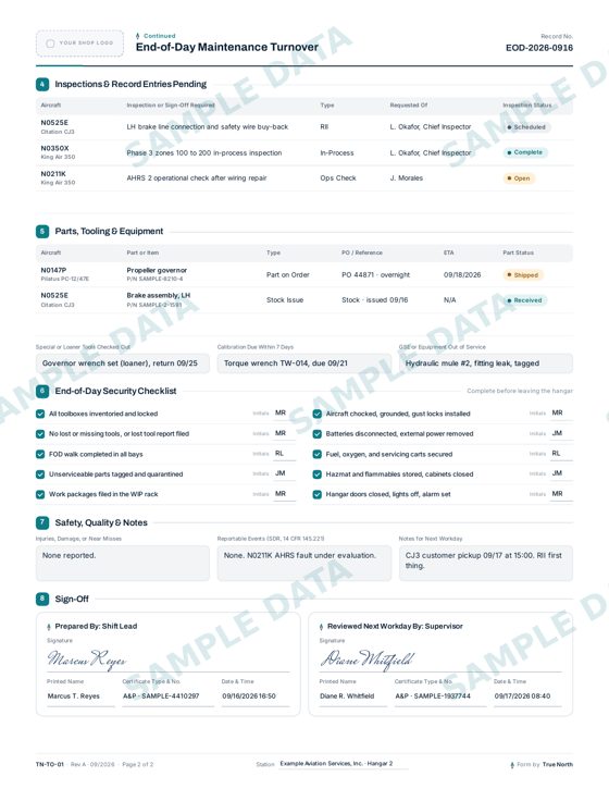 End of Day Turnover, page 2 sample